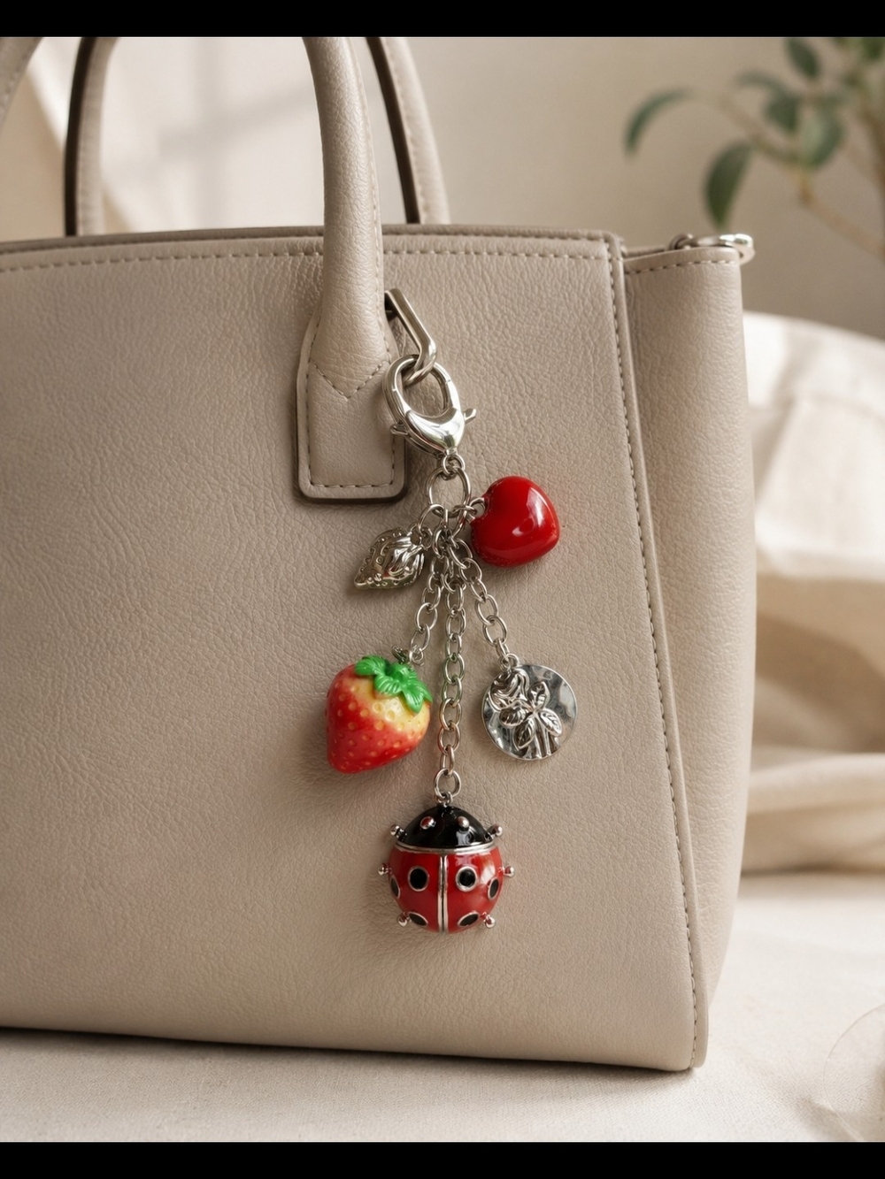 Beige Handbag with Red Charm Keychain - Stylish Women’s Bag Accent